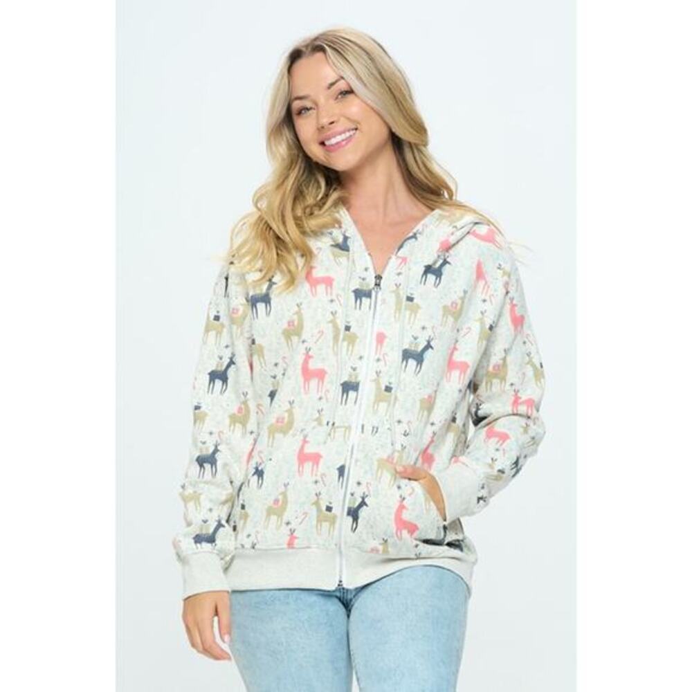 SM Wardrobe Size Large Colorful Reindeer Print Zip Up Hoodie